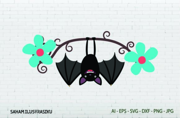 Black Bat Hanging on a Branch Flowers Graphics and Illustrations