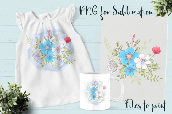 Blue Flowers Sublimation. Design Print Graphics and Illustrations