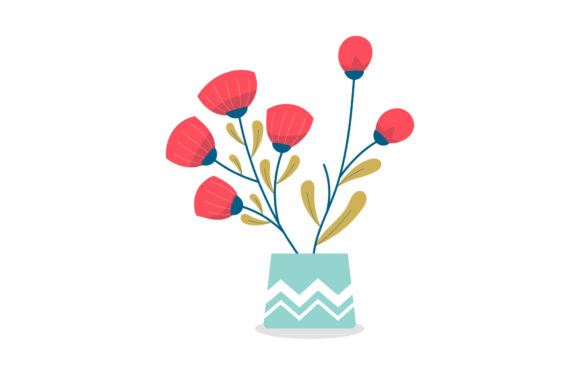 Red Flowers with Blue Pot Graphics and Illustrations