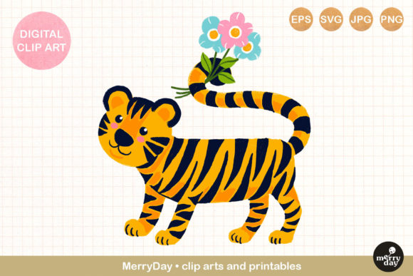 Tiger Holding Flowers Clip Art Graphics and Illustrations Review