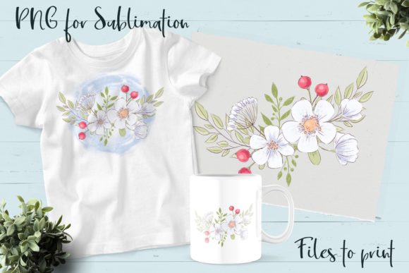 White Flowers Sublimation. Design Print Graphics and Illustrations
